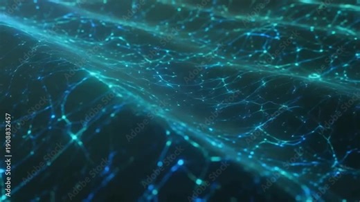 Artificial Intelligence network data flowing inside glowing optical fibers, electrical signals traveling through a complex 3D network of interconnected nodes, dynamic streaming of light pulses