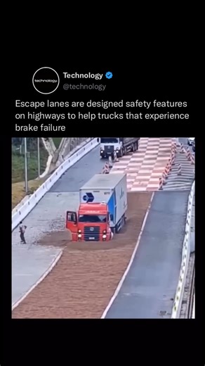 Technology on Instagram: "Escape lanes, also known as runaway truck ramps, are specially designed safety features on highways intended to provide a safe stopping area for large vehicles, such as trucks, that experience brake failure or other mechanical issues. Typically located on steep downhill grades, these lanes are constructed with materials like gravel, sand, or uphill inclines to help slow and stop vehicles by increasing resistance and reducing momentum. Escape lanes play a crucial role in