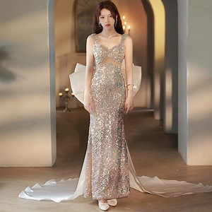 [Hot Item] Nnr European and American Sexy Sleeveless Halter Party Dress Formal Toasting Long Satin Dress Elegant Big Bow Evening Dress