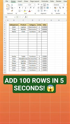 Pro Excel shortcut for adding rows 🚀 #excel #exceltips #shorts