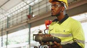 engineer controls a robot using a control board inside a factory.