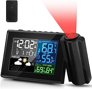Geevon Projection Alarm Clock with Projection Focus,Wireless Indoor Outdoor Temperature Humidity Gauge,Adjustable Backlight,Weather Forecast,Dual Alarms for Bedroom Ceiling,AC & Battery Operated