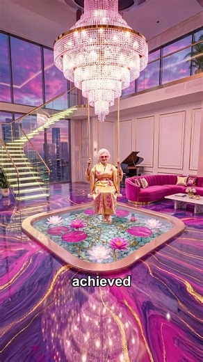 My Grandma is Officially the Final Boss of Real Estate. The Foundation & Resin Pour: The process begins with the application of high viscosity violet and amethyst polymers. Artisanal Detailing: To add texture and depth, hand-selected white river stones and gold leaf accents are integrated into the resin layers. The Mirror Glass Finish: Achieving the floor's signature