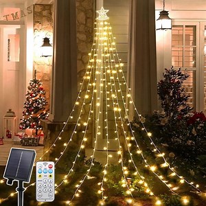 Magotan 12.5ft 350 LED Waterfall Christmas Lights Outdoor Decoration Twinkle Solar Christmas Tree String Lights with Top Star Xmas Holiday Garden Yard Decoration, Warm White