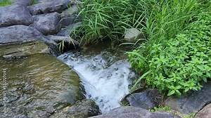 mountain waterfall. water flows down in a torrent. strong current.