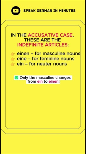 🚀 Learn German Fast: Indefinite Articles in Accusative Made Easy! 🇩🇪✨ Want to speak German with confidence? 🗣️ Today, we’re breaking down indefinite articles in the accusative case—made super simple for beginners! 📌 Rules You Need: ✔️ einen for masculine nouns ✔️ eine for feminine nouns ✔️ ein for neuter nouns 💡 Only masculine changes from ein to einen! 🔊 Listen & repeat with clear examples: 🍎 Ich habe einen Apfel – I have an apple. 🧥 Sie kauft eine Jacke – She buys a jacket. 📱 Du brau
