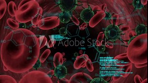 Medical research animation showing red blood cells and molecular structures