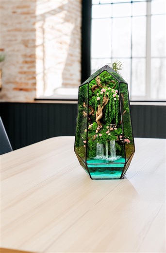 Geometric Glass Terrarium With Forest Nymph, Preserved Moss Zen Garden, Pink Blossom Tree, Waterfall Terrarium, Fantasy Home Decor - Etsy