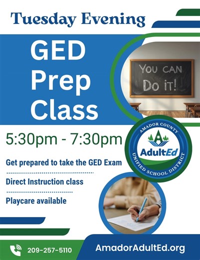 📚Get ready to take the GED exam at our new EVENING GED PREP CLASS!📚 Classes are on Tuesdays from 5:30 - 7:30pm. Give us a call at 209-257-5110 or visit our website at AmadorAdultEd.org and fill out the Interest Form to get enrolled. ⭐ You can do it! 😃 #ACUSD #ACOE #AmadorCounty #AmadorAdultEducation #AuthorizedGEDTestCenter #HSD #HSE #CAERC #GED #GEDPrep #AdultEdu #AdultEd #adulteducation Capital Adult Education CAEP Office | Amador Adult Education