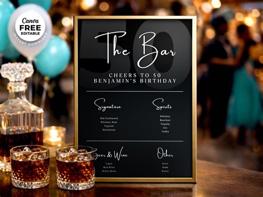 Birthday Bar Menu | Elegant Drink Menu Sign | 50th Birthday Party Decor | Editable Canva Template