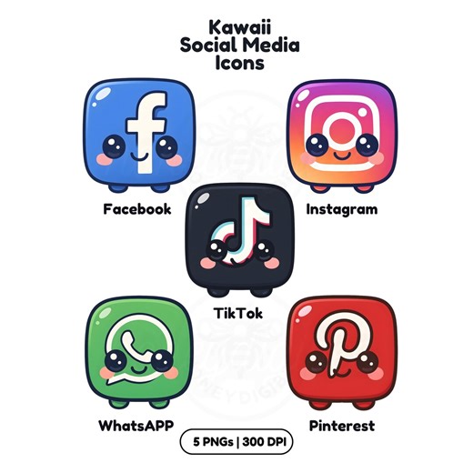 Kawaii Social Media Icons Clipart Bundle | Chibi App Logos | Digital Download - Etsy