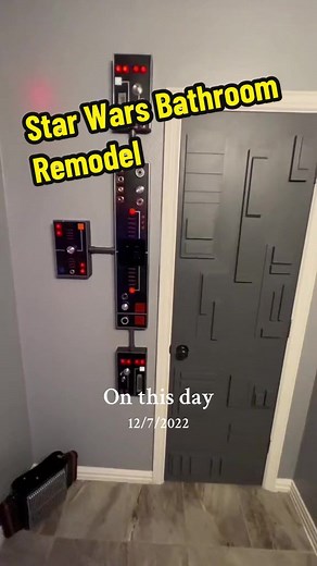 #onthisday Star Wars bathroom remodel - excuse the hole in the wall ##controlpanel##movieprops##diystarwars##scifiprops##starwarsprops##starwarsdecor##starwarsroombuilders##starwarstiktok##everythingstarwars##starwarsroombuilders##starwarsbathroom##darthvader##grogu##babyyoda##deathstar
