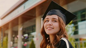 A woman wearing a graduation cap and gown, celebrating her university graduation.