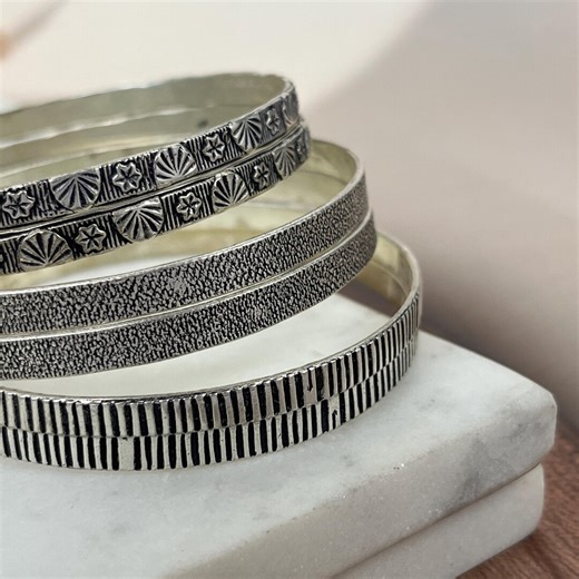 Set of 6 Handcrafted Silver Bangles | Textured Engraved Stackable Bracelets | Minimal Boho Everyday Wear - Etsy