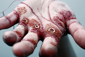 This artist is stitching her own hand with needle and thread