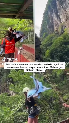 Una mujer murió tras romperse la cuerda de seguridad de un columpio extremo en el parque de aventuras Maliuyan, en Sichuan (China), y caer contra un acantilado. Una mujer murió tras romperse la cuerda de seguridad de un columpio extremo en el parque de aventuras Maliuyan, en Sichuan (China), y caer contra un acantilado.