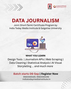 Tell stories that actually change the game! Stop scrolling. Start coding. Start digging. Start narrating data. ----------------------------- 🎓 Joint Certificate Course in Data Journalism By India Today Media Institute Galgotias University Sep 6-14, 2025 | ITMI, Noida Why this program? · 9‑Day Intensive, High‑Impact Training Hands‑On Data Tools & Coding Boost From Data to Story: Investigative Edge Expert‑Grade Infrastructure & Industry Linkages Limited Seats | Register Now 🔗 www.indiatodaymedia