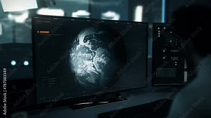 Observing the earth orbit using the computer analysis software. Observing the planet earth that is slowly rotating on its orbit. Observing the earth orbit to examine the world map. Spying UI.