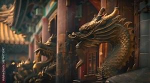 Ancient temple in China a majestic golden dragon sculpture coils around pillars its fierce gaze capturing the essence of myth and legend