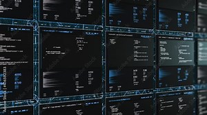 Process of virtual software. Animation. Displaying 3d cells with changing values in database. Distribution of codes and numbers across tables in virtual space Stock Video