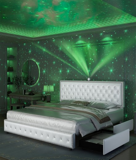 House of Hampton® Vintage Upholstered Platform Bed Frame With Galaxy Projector, 4 Dust-Proof Storage Drawers, Nailhead Trim Adjustable Headboard, LED Bed Frame, No Box Spring Needed, Easy Assembly, Khyrell | Wayfair