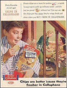 Dupont cellophane ad, 1955: potato chips taste better in plastic!