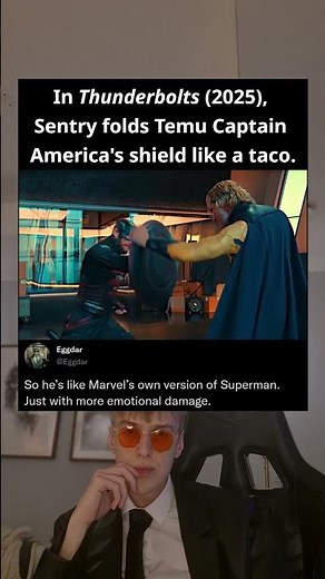 In Thunderbolts (2025), Sentry folds Temu Captain America's shield like a taco
