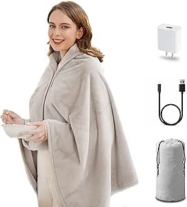 USB Heated Blanket,with USB Charger -Without Battery Pack,Portable Wearable Heated Shawl Throw Blanket for Home & Outdoor,Warm and Soft Cotton, Grey