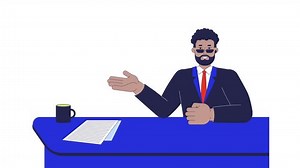 African american man news anchor talking 2D character animation. Newscaster cartoon 4K video, alpha channel. Black anchorman sitting at desk with papers coffee mug animated person on white background