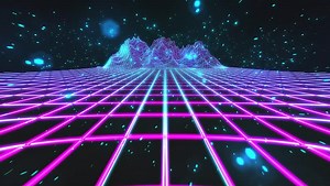 80`s retro future style gaming cycled background with particles and mountains
