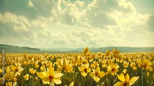 Blooming yellow daffodils cover the vast field beneath a cloudy sky, A majestic field of golden daffodils in full bloom