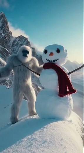 Yeti is having a good time building a snowman on top of a snowy mountain