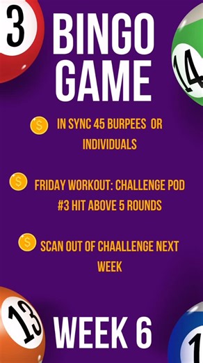 F45 Training Ōtāhuhu on Instagram: "WEEK 6 BINGO!!! 1. 45 BURPEEES!!! Complete consecutively as you cannot break into different days. Back to Back burpees with JUMP however you can do as a Team or 1 Person takes on the full 45 for your Team. 2. Friday Challeneg POD #3 Complete 5 rounds minimum for your AMRAMP 3. SCAN OUT end of challenge for next week! SCAN OUT AND REFLECT your goals with your Caoch."