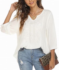 Grosy Womens Plus Size Tops 3/4 Sleeve V Neck Shirts Tunic Casual Floral Embroidered Loose Summer Fall Blouses Mexican Peasant Cotton Rayon Shirts-375/White/2XL