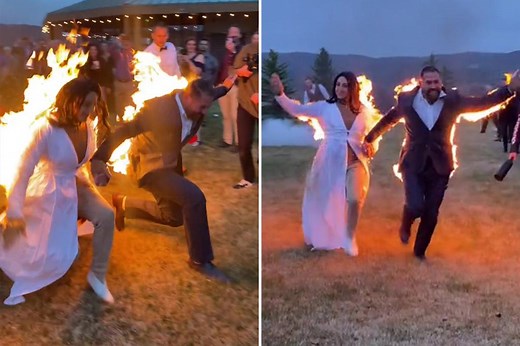 Bride and groom set on fire during bizarre wedding stunt