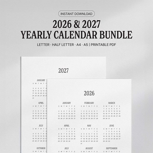 2026-2027 Yearly Calendar Printable | Full Year at a Glance Calendar Template (letter · Half · A4 · A5) - Etsy
