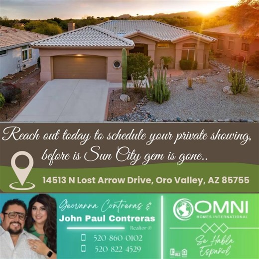 Are you looking for a home in Sun City Oro Valley Az?! I may have the perfect home for you! This beautiful home is a 2 bedroom/ 2 bath / 1818 sq feet on a premium lot on the golf course, new LVP flooring throughout, two tone paint, 2023 AC & water heater and a newer roof as well! Call today for your private showing! https://www.flexmls.com/share/CzjLS/14513-N-Lost-Arrow-Drive,-Oro-Valley,-AZ-85755 Geovanna Contreras - Realtor ®- Omni Homes International - 520-860-0102 | Geovanna Nuño Contreras