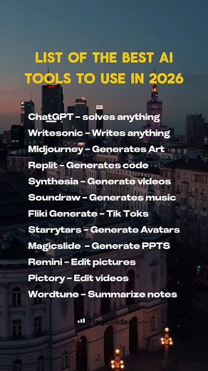 List of the Best ai tools yo use in 2026 #ai2026 #aitools2026 #aimodel #aiforgood #AIPresentation #aitoolsforstudents #AIForCreators #AIForBusiness | MagicSlides App