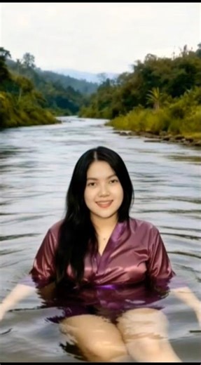 beautiful Indonesian girl bathing in the river