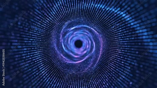 Cinematic 4K abstract background of infinite particle tunnel made of thousands of glowing micro lights forming spiraling corridors, dynamic parallax depth movement creating illusion