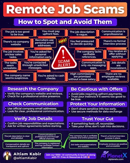 13 reactions · 3 comments | Remote Job Scams: How to Spot and Avoid Them Are you being scammed? Not any more. Here's the lowdown:  Avoid risky remote jobs.  Learn scam prevention tips.  Spot legitimate job features. Swipe through the animation for a full guide! --- #shorts #careers #job #remotejob #jobinterviews #ai | Altiam Kabir | Facebook
