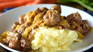 This Amish Beef and Noodles recipe can be made in a slow cooker or Instant Pot. Served over mashed potatoes, it's an easy and loved dinner idea! RECIPE: https://www.gogogogourmet.com/slow-cooker-amish-beef-noodles/ | GO GO GO Gourmet | Facebook