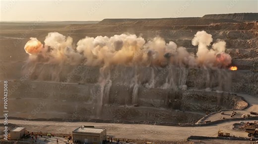 Medium shot of controlled explosives detonating in openpit mine showcasing precision blasting to fragment rock for efficient mineral extraction.
