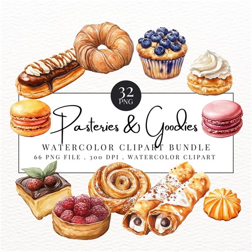 Watercolor Baked Goods Clipart - Pastry Png - Baking Clipart - Bread - Pie - Cake - Donut - Cinnamon Roll - Cupcake - Commercial License - Etsy