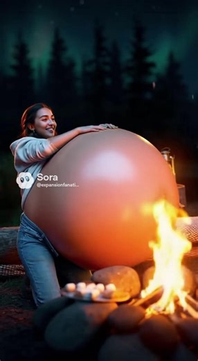 Campfires and s’mores. She can’t get enough #expansion #stuffing #swelling #overfilled #belly