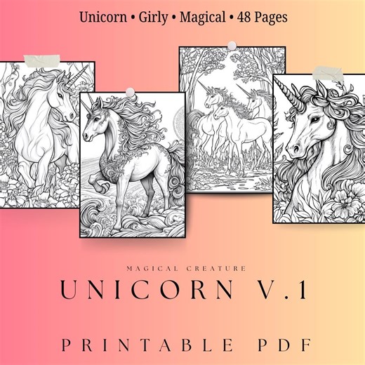 Unicorn Coloring Pages | 48 Pages | Digital Download | Printable PDF| V.1 - Etsy