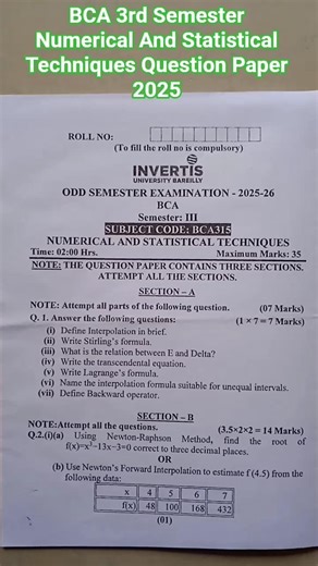 BCA 3rd Semester Numerical And Statistical Techniques Question Paper 2025 #bca #invertisuniversity
