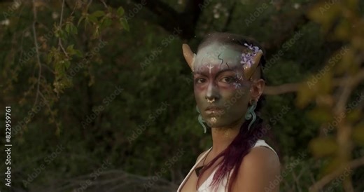 A modern take on ancient Celtic Beltane rituals, a female model adorned for the Beltane celebration, a Scottish holiday. Vibrant face paint amidst the festival ambiance.