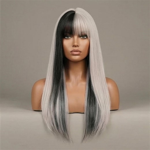 Long Straight Split Dye Hair – Black and White Wig With Bangs for Women - Etsy