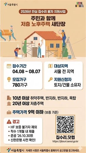 2026년 안심 집수리 융자 지원사업 신청하세요! #안심집수리 #집수리융자 #노후주택 #구옥리모델링 #주택리모델링 #서울시